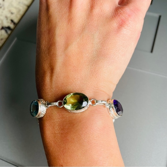 Multi Colored Cubic Zirconia Ornate Oval Link Sterling Silver Toggle Bra… - Picture 8 of 10